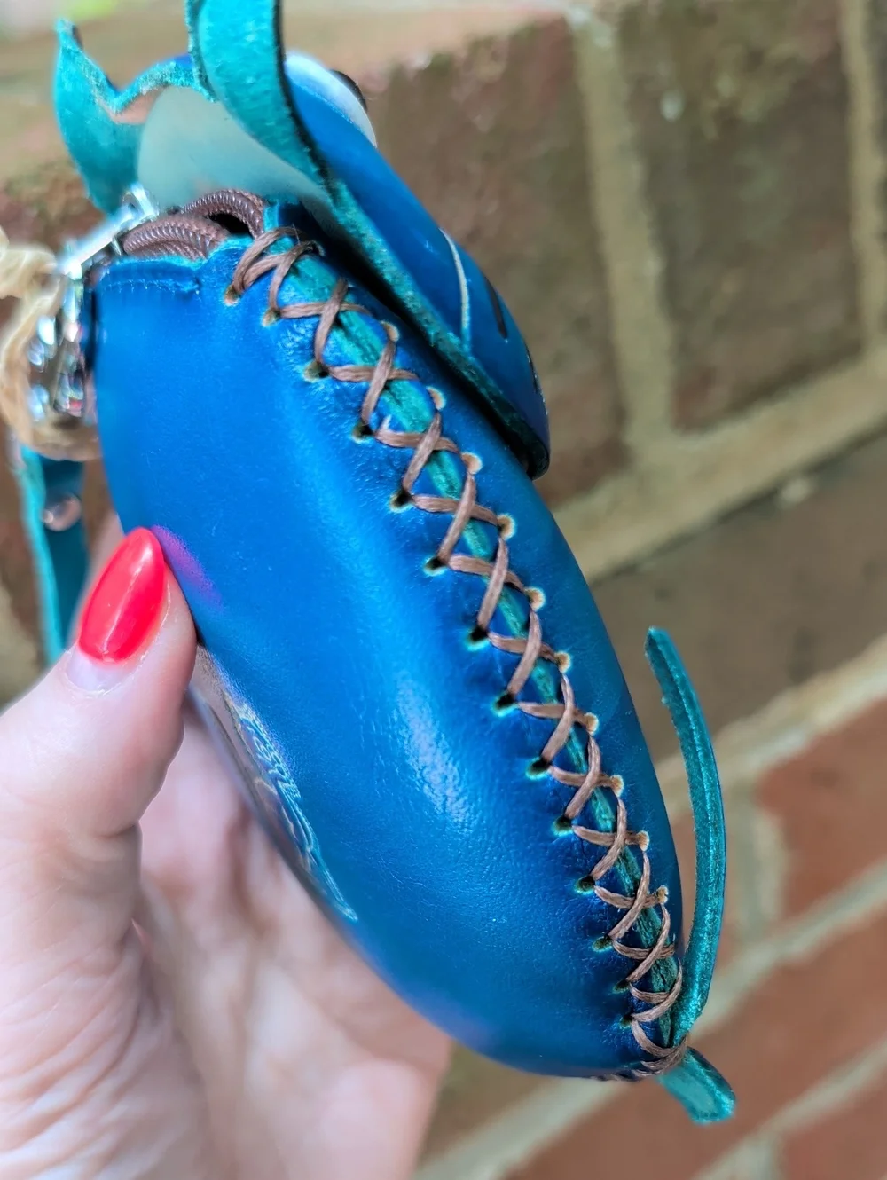 Handcrafted Genuine Leather Blue Cat Coin Purse Wallet with Wrist Strap - (854)